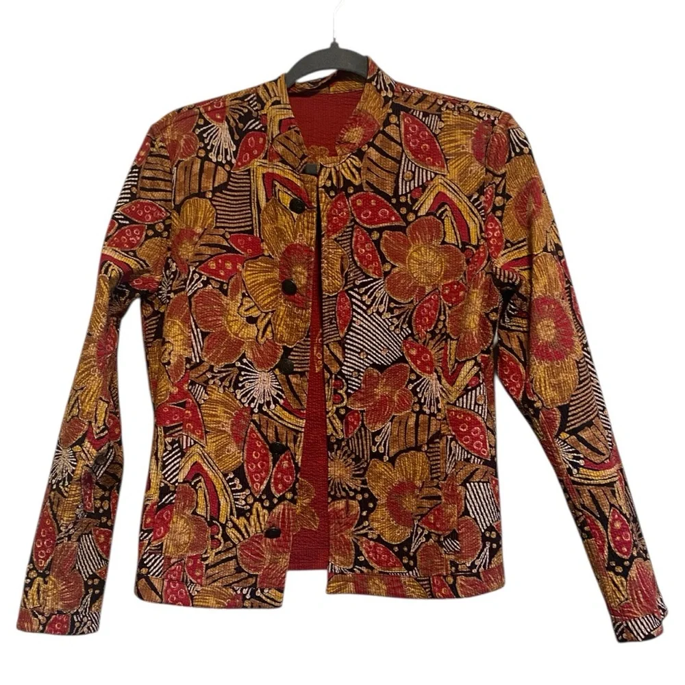 Reversible Floral Red Black Orange Floral Abstract Patterned Jacket -S/M